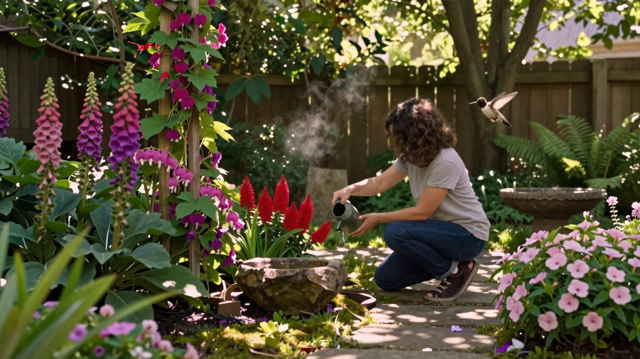 Person watering plants in a vibrant garden with flowers, a birdbath, and a hummingbird hovering nearby.