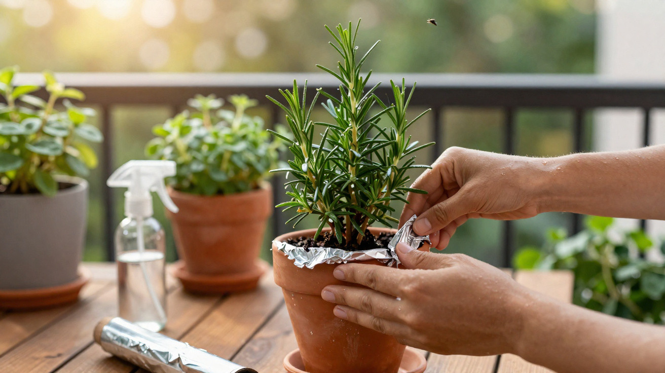 Hands wrapping a rosemary plant in a terracotta pot with aluminium foil on a wooden table outside.