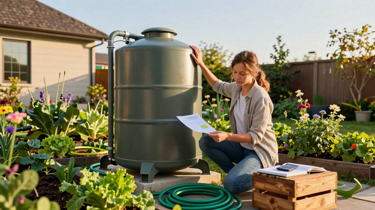 Woman reading instructions next to a large water barrel in a vibrant garden with flowers and vegetables.