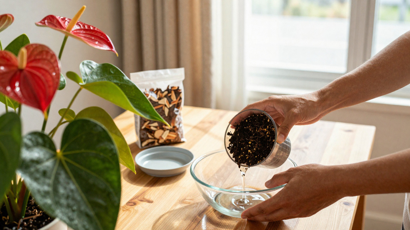 Person draining excess water from a plant pot over a glass bowl on a wooden table near a red Anthurium plant.