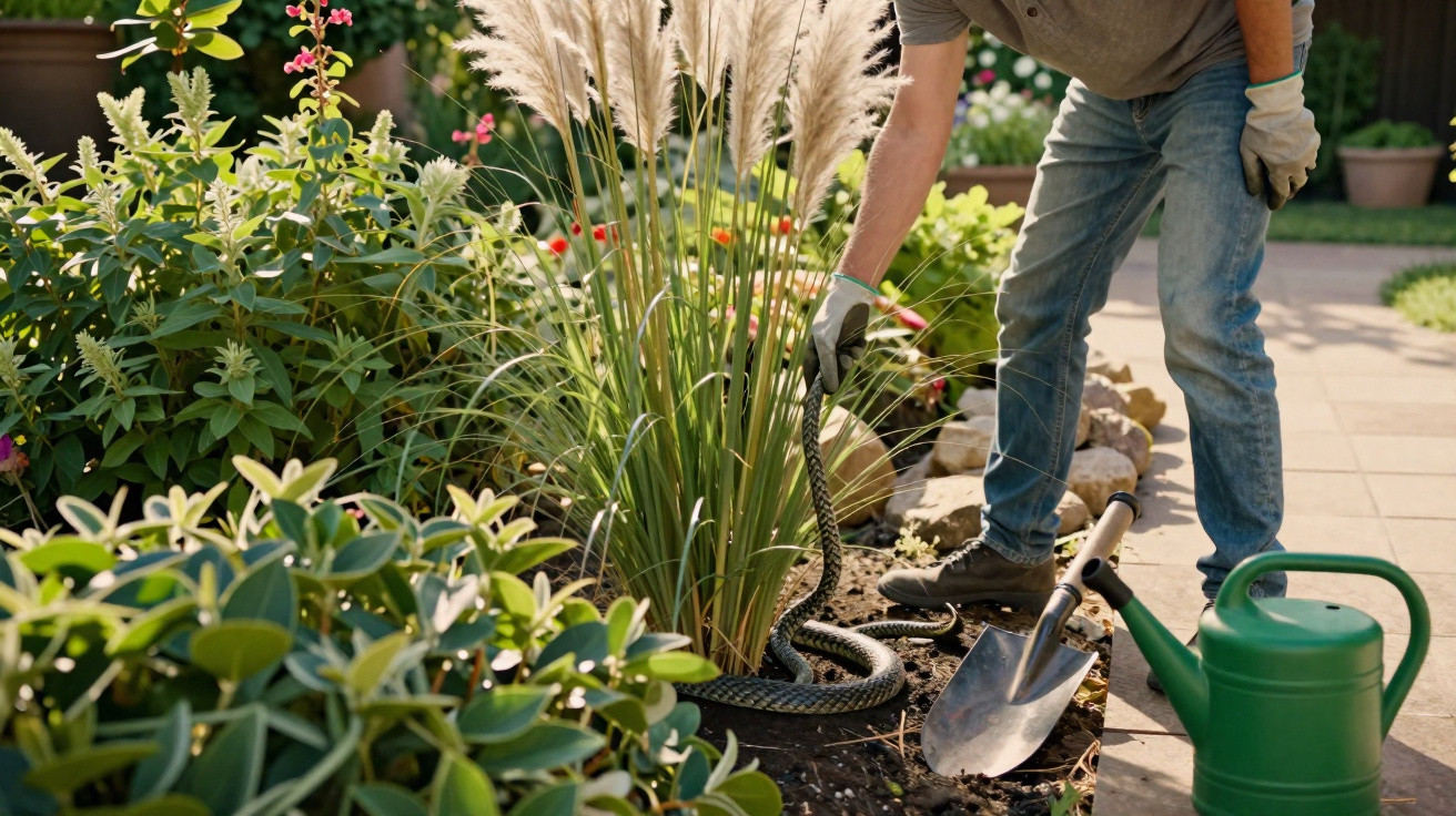 Person in gloves carefully removing a snake from a garden bed surrounded by plants and gardening tools.