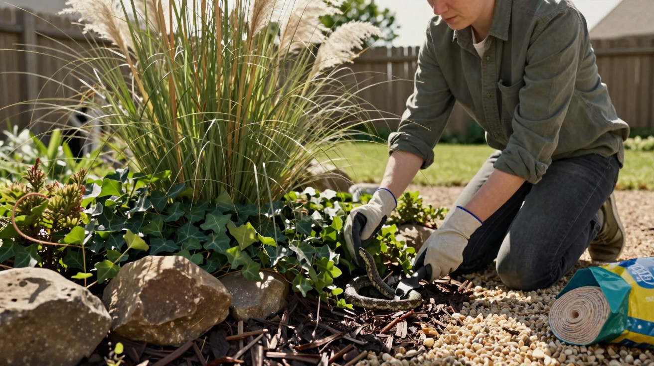 Person wearing gloves gardening with a trowel among plants and rocks in a backyard garden bed.