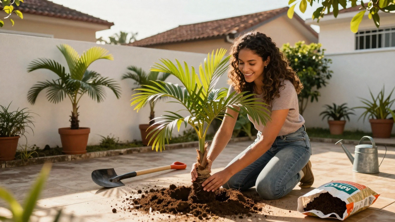 Woman kneeling outdoors planting a small palm tree in soil on a sunny patio with gardening tools nearby.