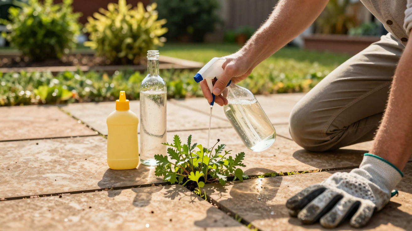 Person spraying a small plant growing between patio tiles with a spray bottle outdoors on a sunny day.