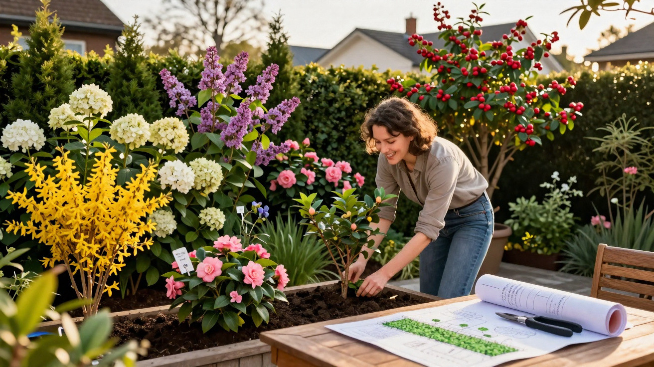 Woman planting sapling in garden with colourful flowers and garden plans on wooden table nearby