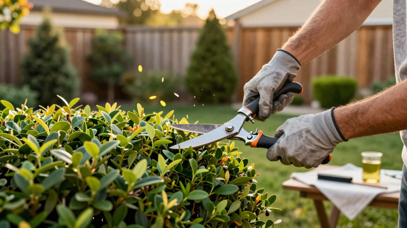 Person wearing gloves trimming a lush green bush with garden shears in a backyard.