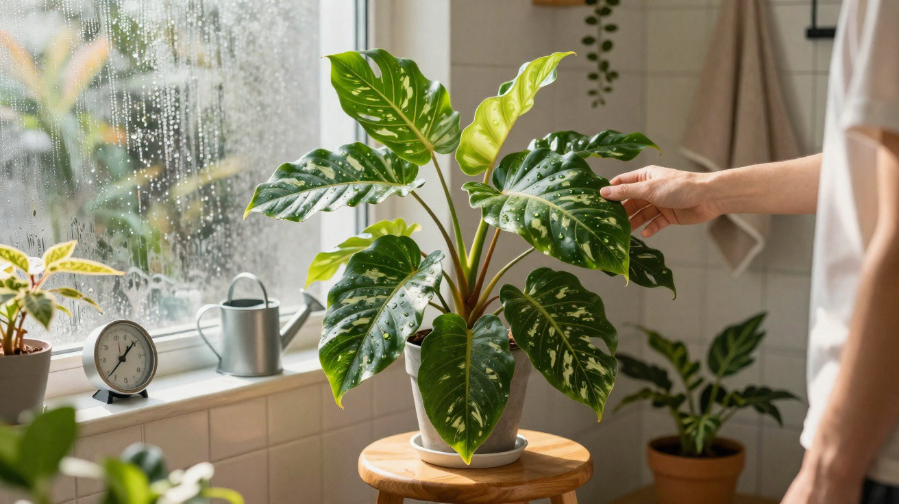 Person touching large green houseplant leaves near rainy window with watering can and clock on sill