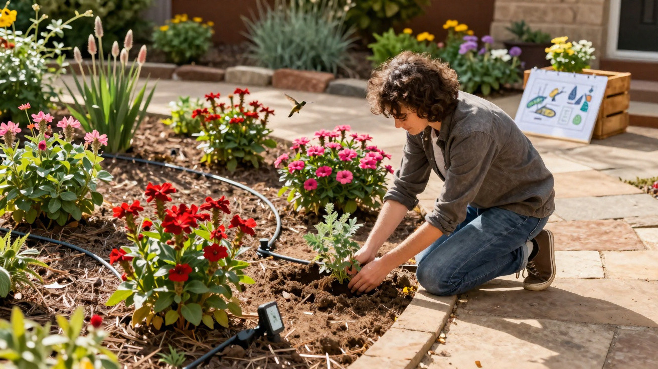 Child planting flowers in a garden bed with colourful blooms and a hummingbird nearby.