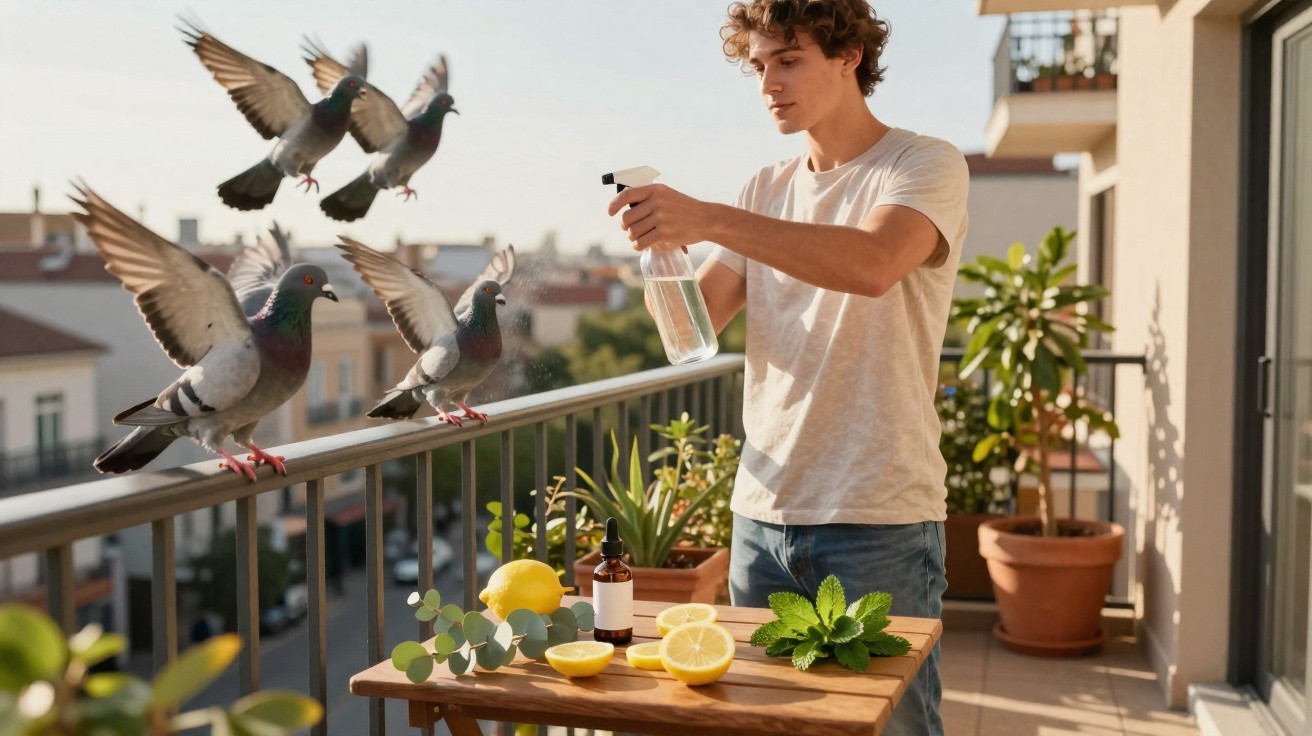 Young man spraying pigeons on balcony with plants, lemons and herbs on wooden table in sunlight.