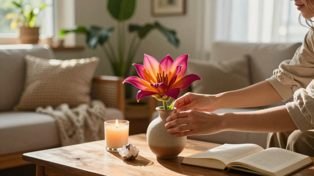 Person arranging a vibrant pink flower in a vase on a wooden table with an open book and lit candle nearby.