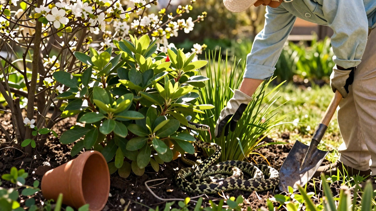 Gardener cautiously removing a patterned snake from a flower bed with a small shovel and gloves.