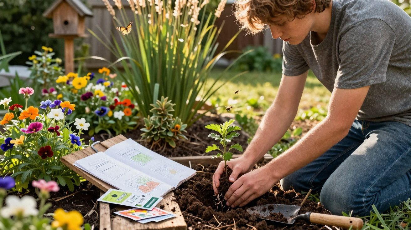 Teenage boy planting seedling in garden surrounded by flowers, garden book, and gardening tools.