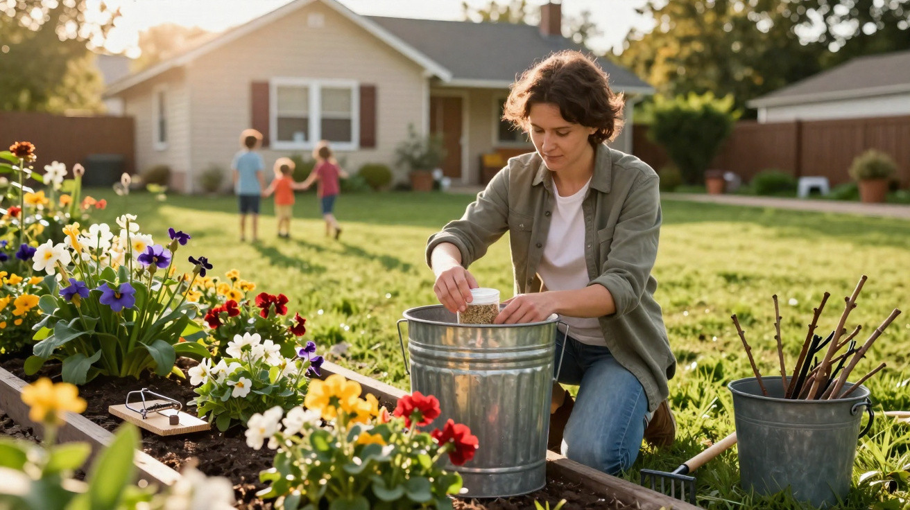 Woman gardening with seeds and flowers in a sunny backyard while three children play near a house in the background.