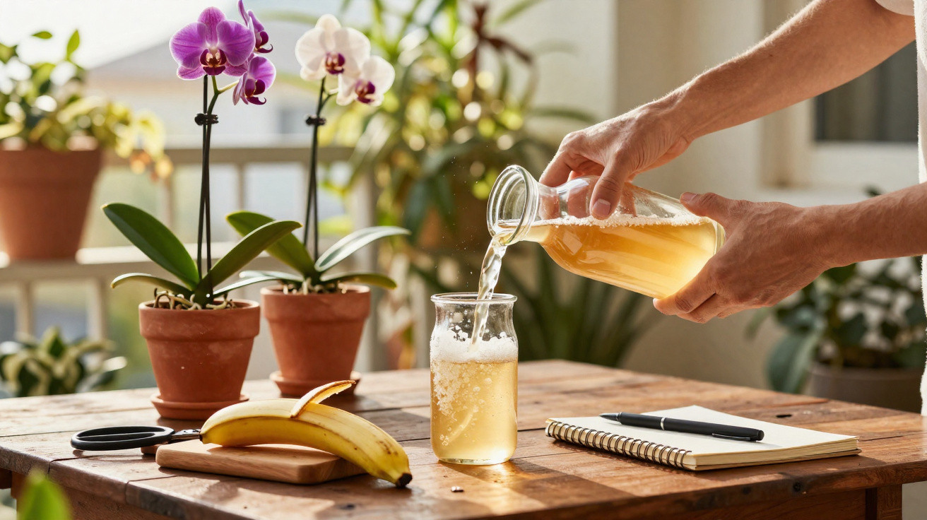 Person pouring light beer into a glass jug on a wooden table with bananas, orchids, and a notebook nearby.