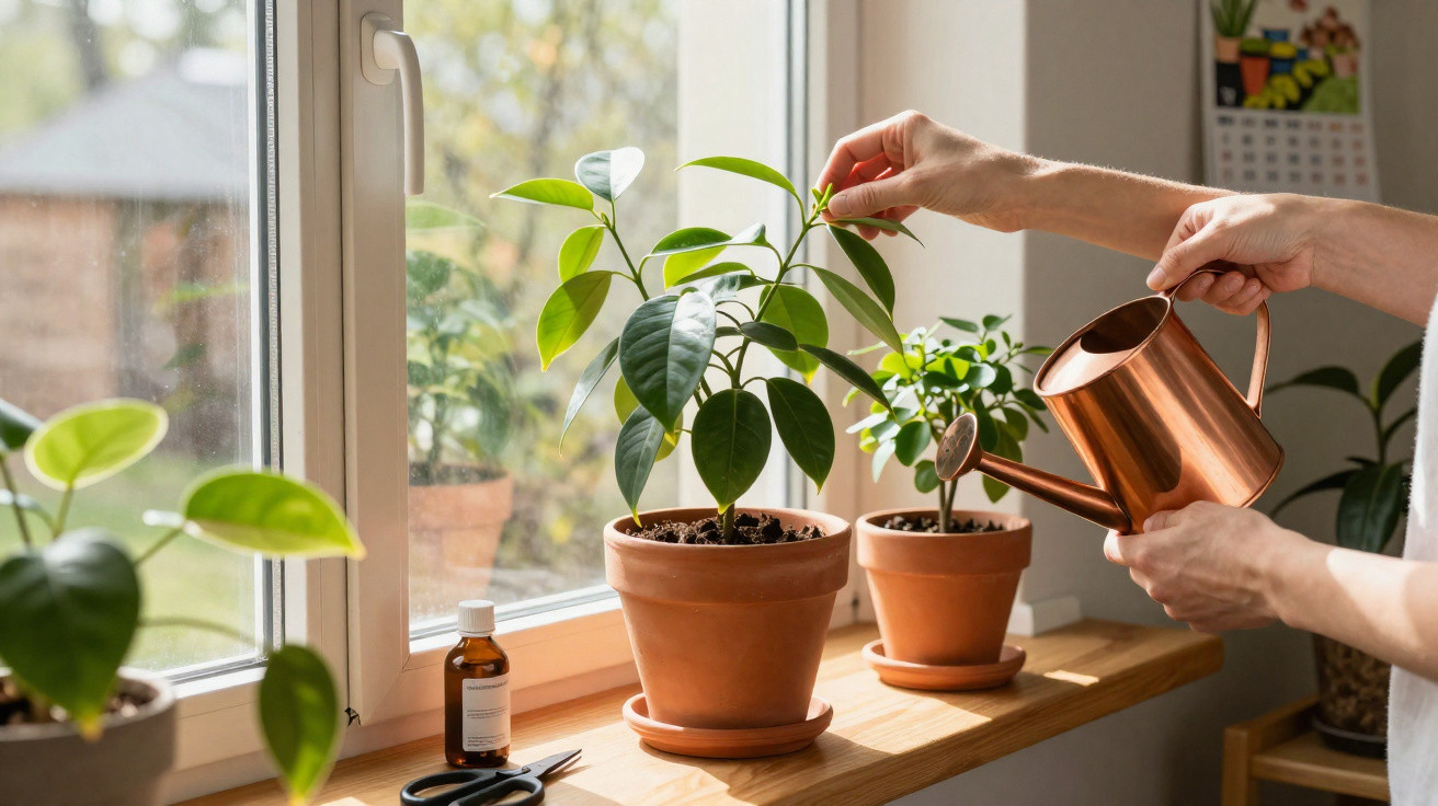 Person watering indoor plants on a windowsill with a copper watering can in daylight.