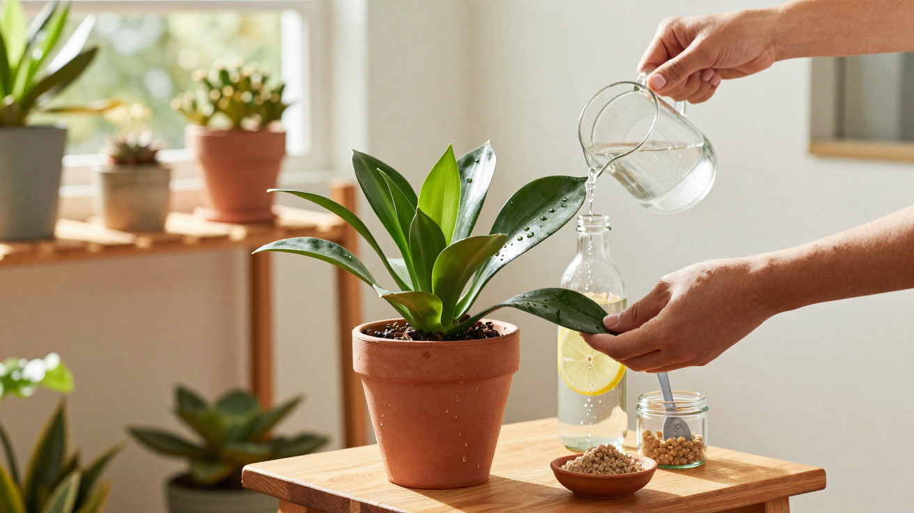 Hands watering a potted green plant on a wooden table with sunlight and other plants in the background.