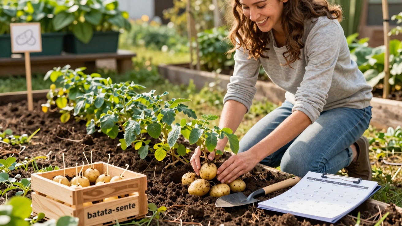 Young woman harvesting potatoes in a garden with a crate and clipboard nearby on a sunny day.
