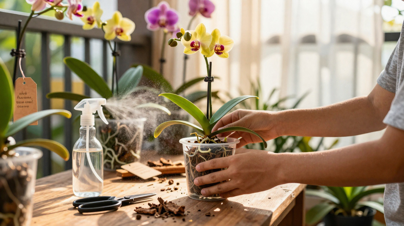 Person spraying water on a yellow orchid plant on a wooden table with gardening tools.