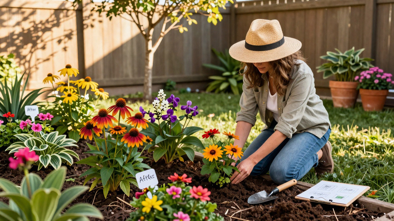 Woman wearing hat gardening colourful flowers in a sunny backyard with labelled plant markers and gardening tools.