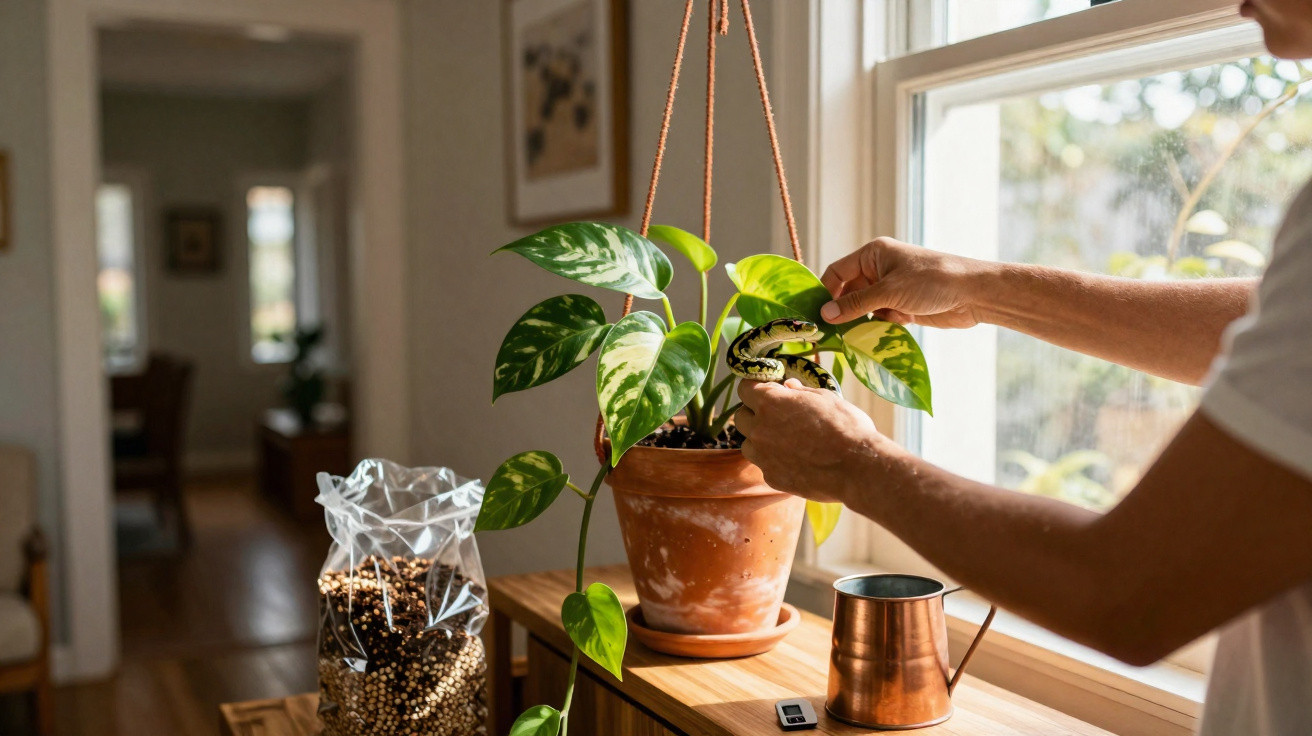 Person pruning a variegated potted plant on a wooden table near a window with gardening supplies nearby.