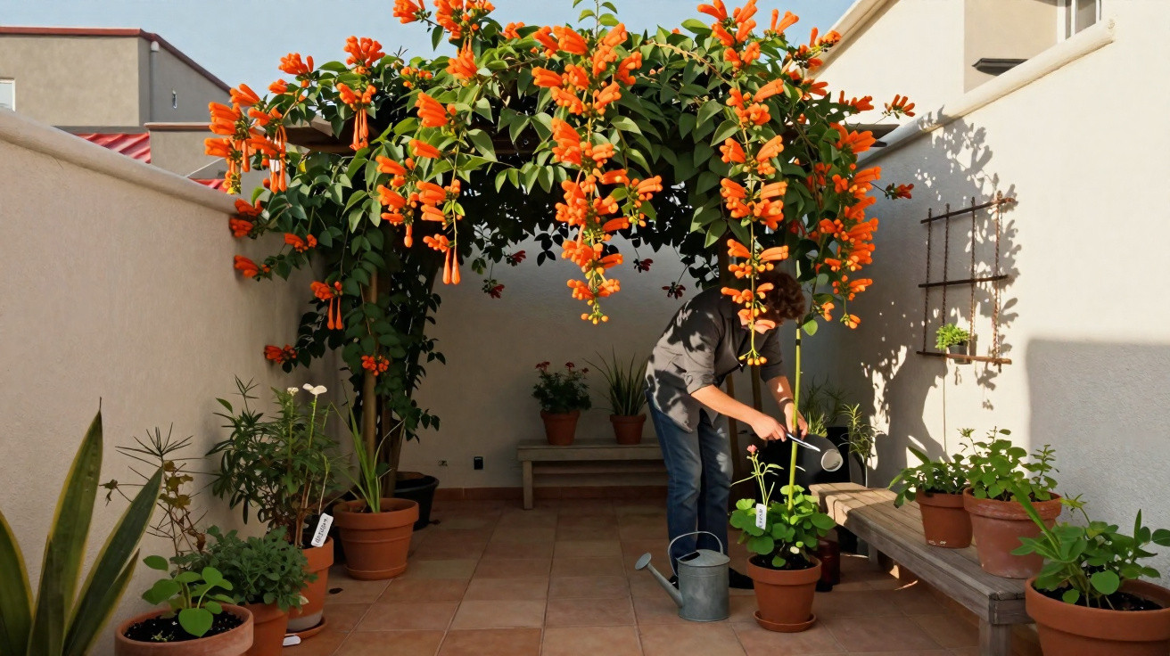 Person watering potted plants under an arch of vibrant orange flowers in a sunlit courtyard garden.