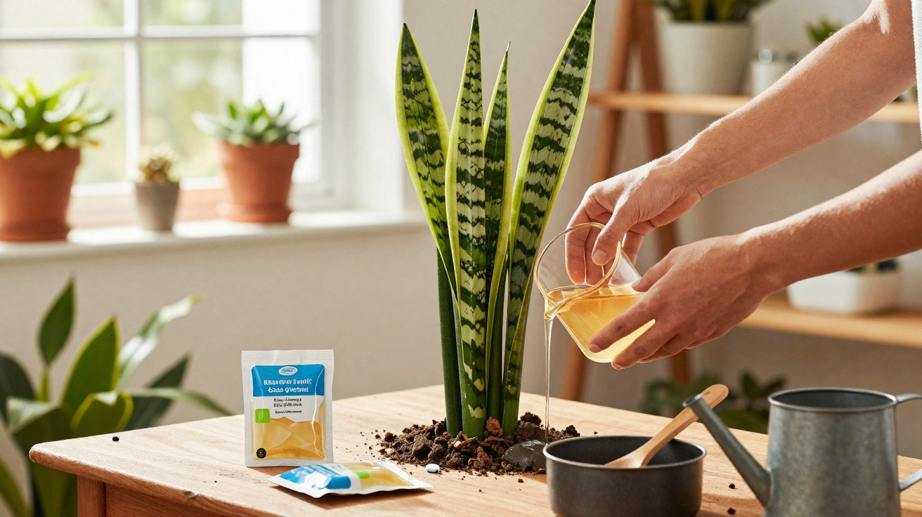Person pouring liquid fertilizer near a snake plant on a wooden table with plant care packets and tools.