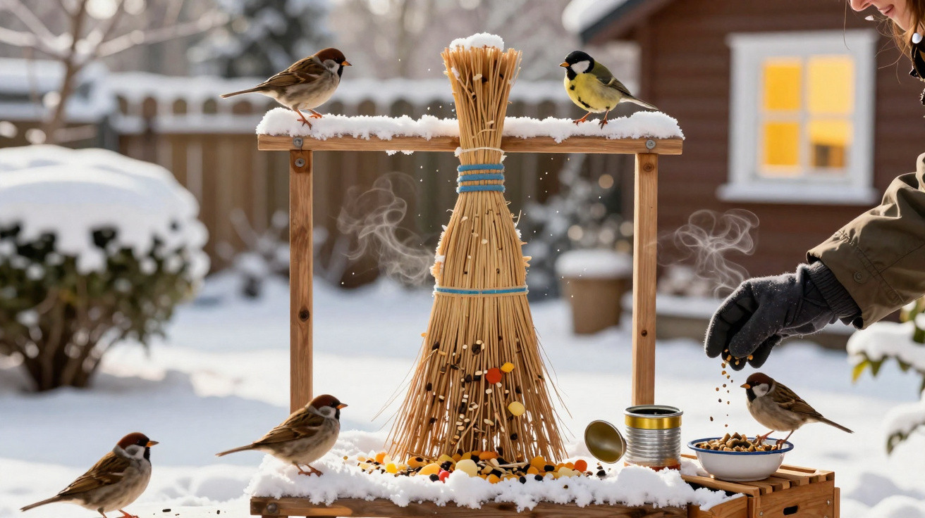 Bird feeder with seeds and five small birds on a snowy winter day next to a person’s gloved hand.