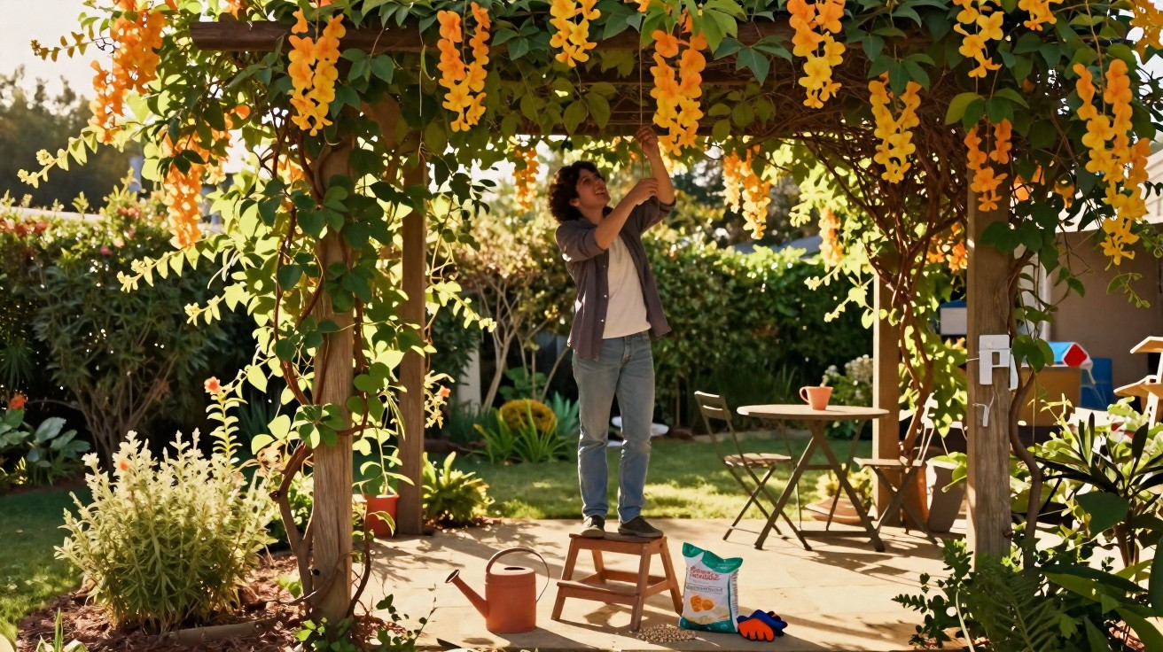 Person standing on a step stool trimming hanging orange flowers on a wooden pergola in a sunny garden.