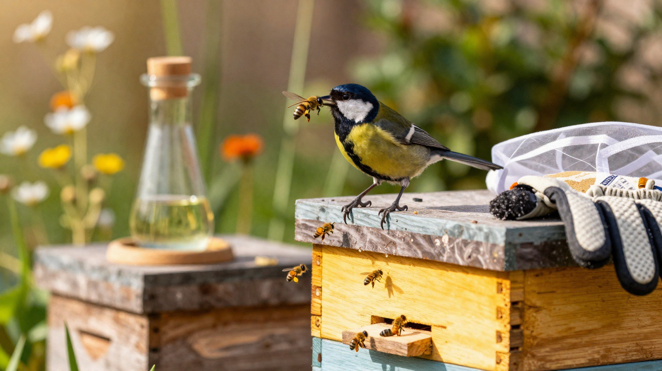 Great tit bird holding a bee perched on a wooden beehive with bees flying around in a garden.