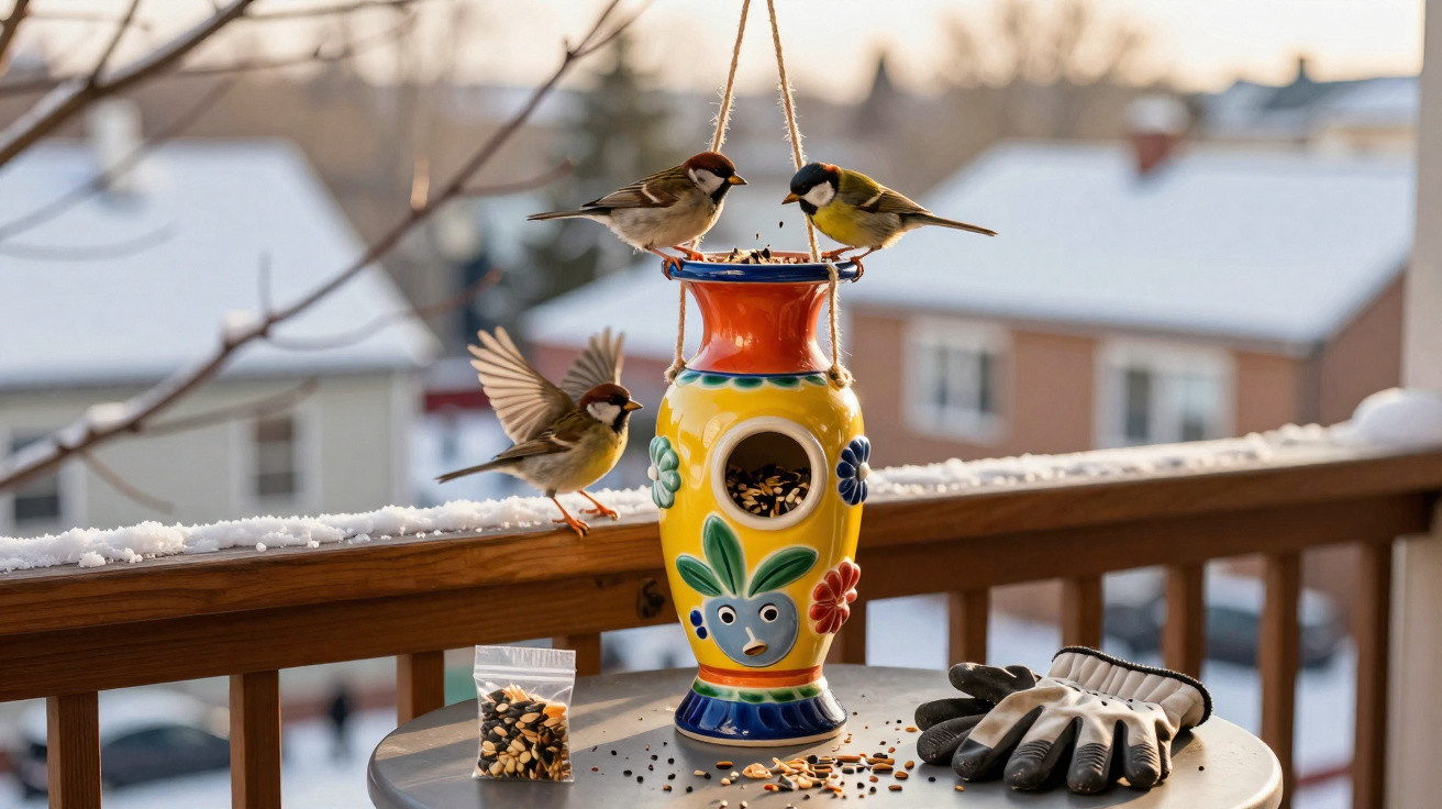 Small birds feeding from a colourful hanging bird feeder on a snowy balcony with gloves and seeds nearby.