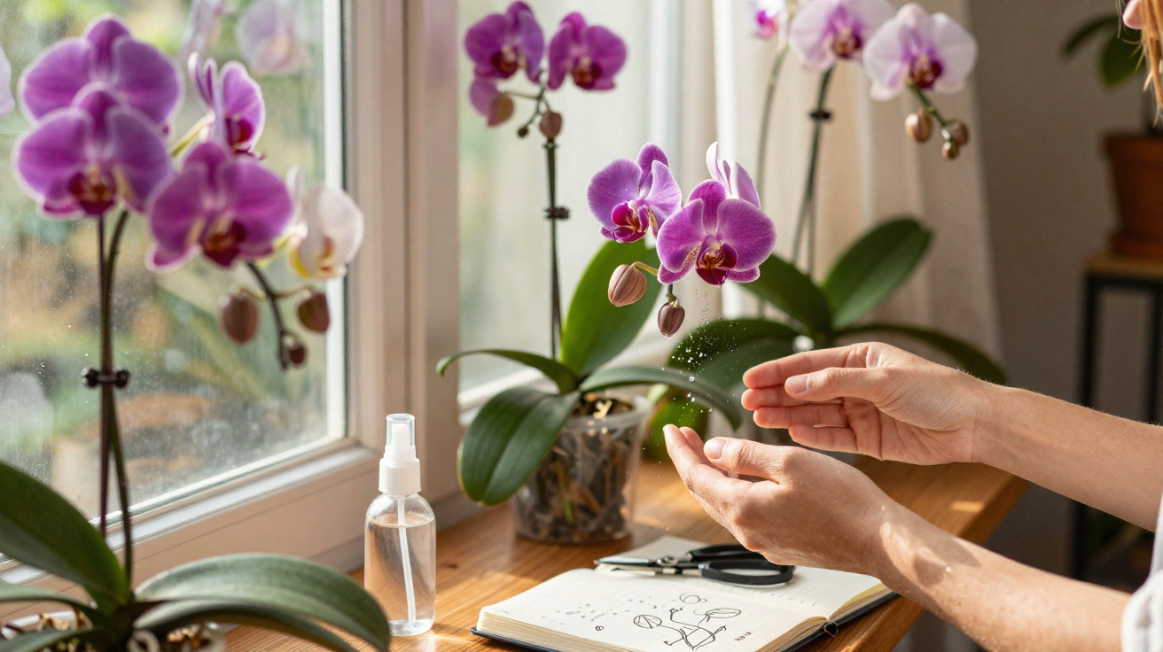 Hands sprinkling water on pink orchids by a window with gardening tools and a notebook on the table