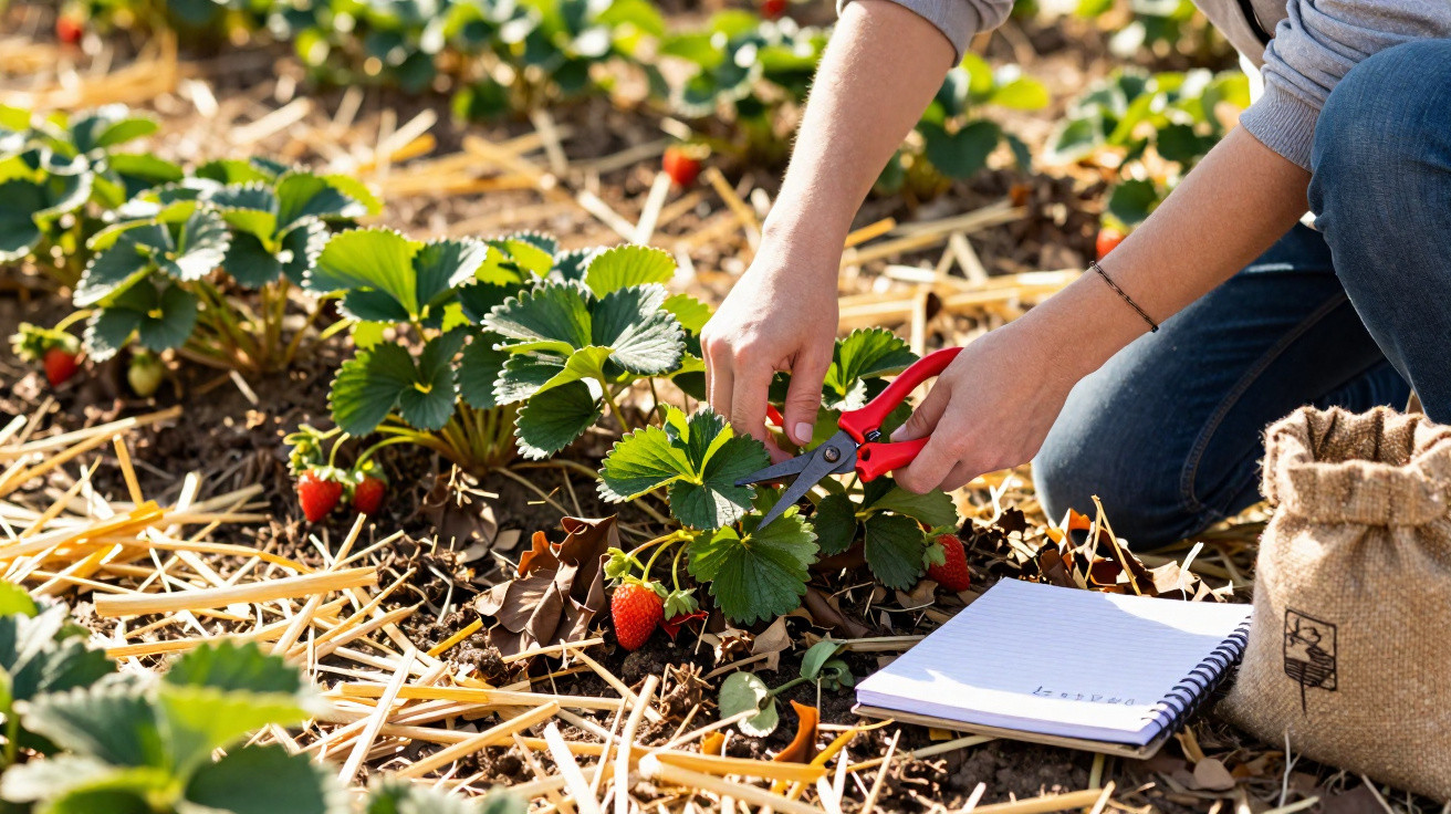 Person in jeans using red pruning shears to harvest ripe strawberries from a garden bed with a notebook nearby