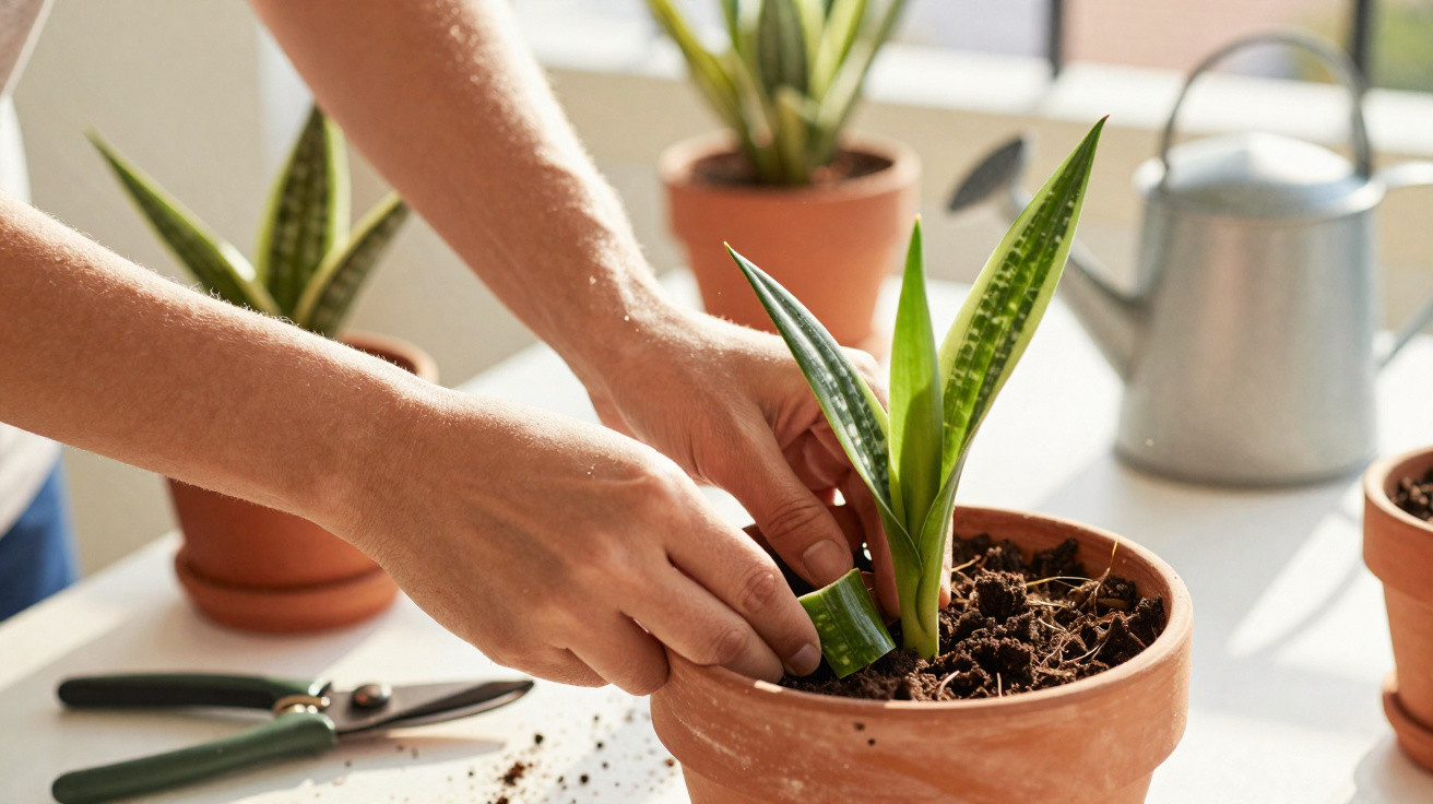 Hands repotting a small snake plant in a terracotta pot on a sunlit table with gardening tools nearby.