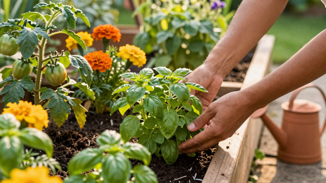 Hands tending to a basil plant in a raised garden bed with marigolds and unripe tomatoes nearby.