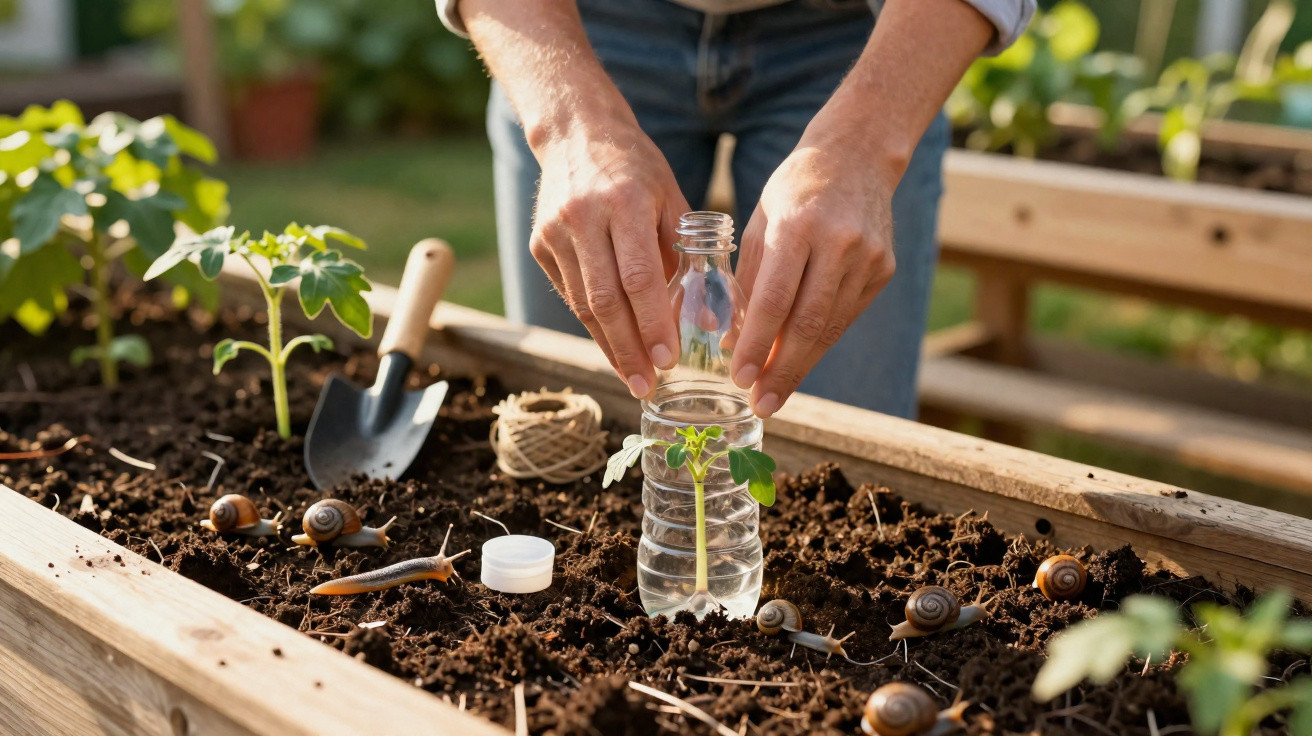 Hands placing a plastic bottle as a mini greenhouse around a seedling in a raised garden bed with snails nearby.