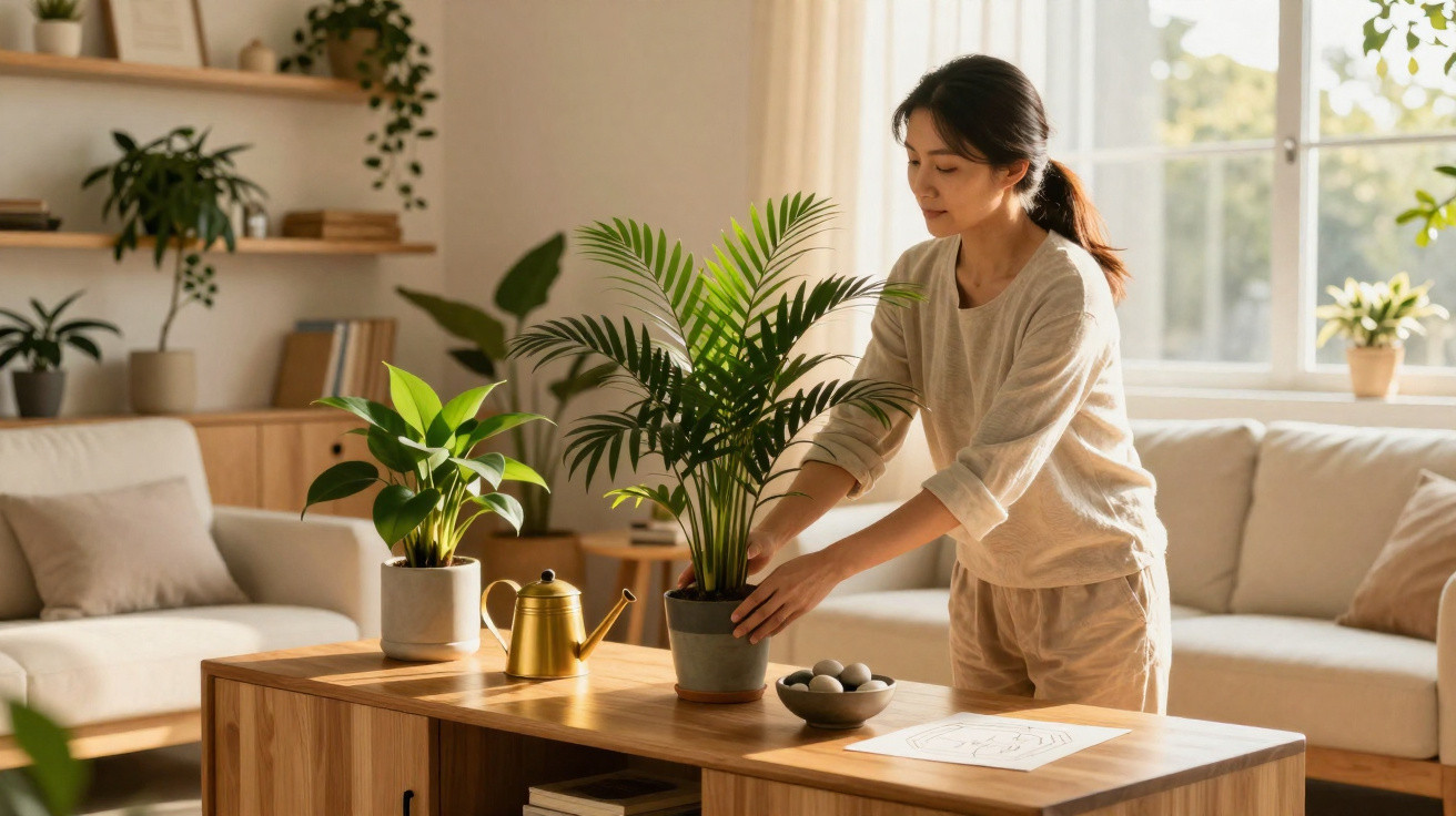Woman arranging a potted palm plant on a wooden table in a sunlit, cosy living room with houseplants.