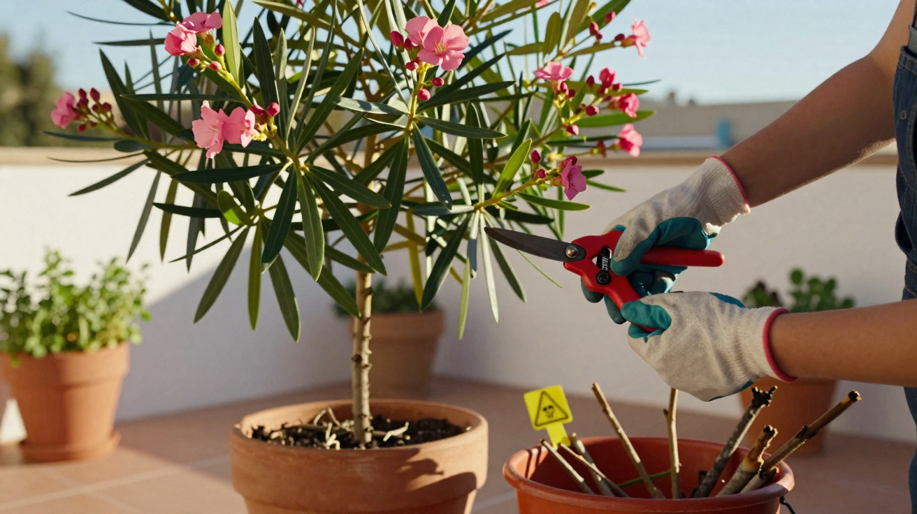 Person wearing gloves pruning a potted pink-flowered plant on a sunlit patio.