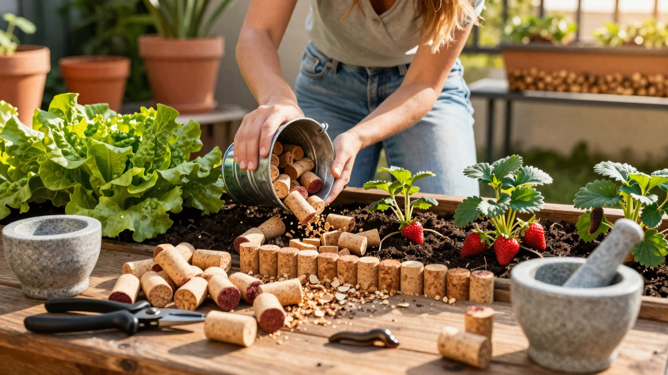 Person pouring corks and mulch from a metal bucket onto a wooden table near plants and gardening tools.