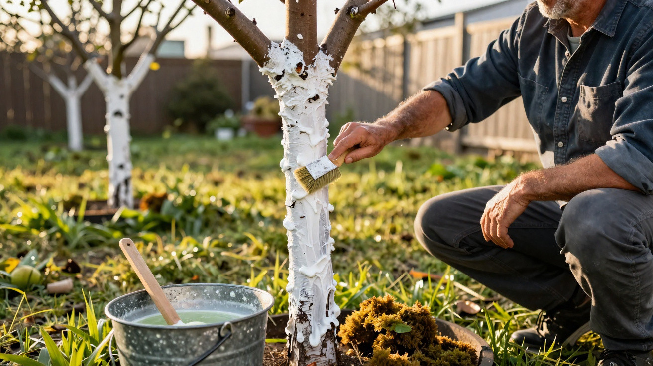Person applying white tree paint to protect tree trunks in a garden during daylight.