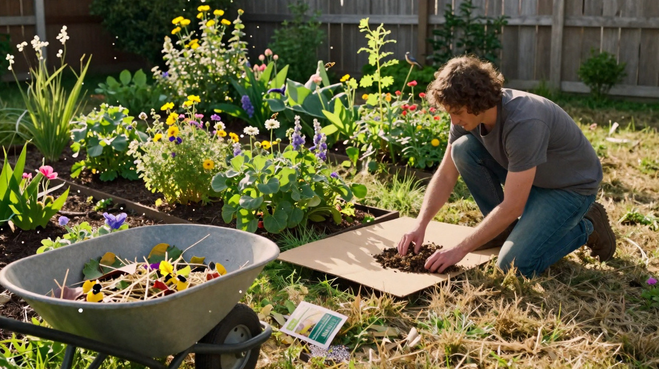 Man kneeling in a garden preparing soil on cardboard with colourful flowers and a wheelbarrow nearby.