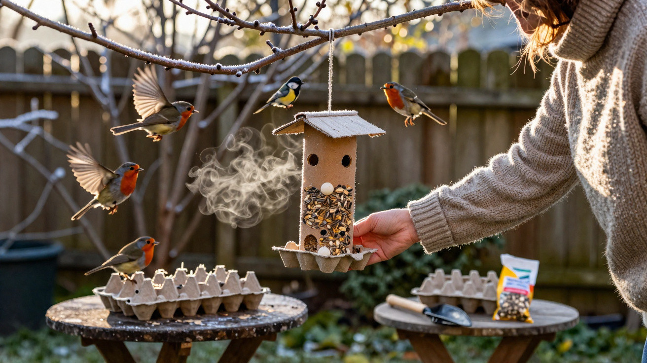 Person holding a bird feeder with birds flying and perched nearby in a garden on a frosty morning.