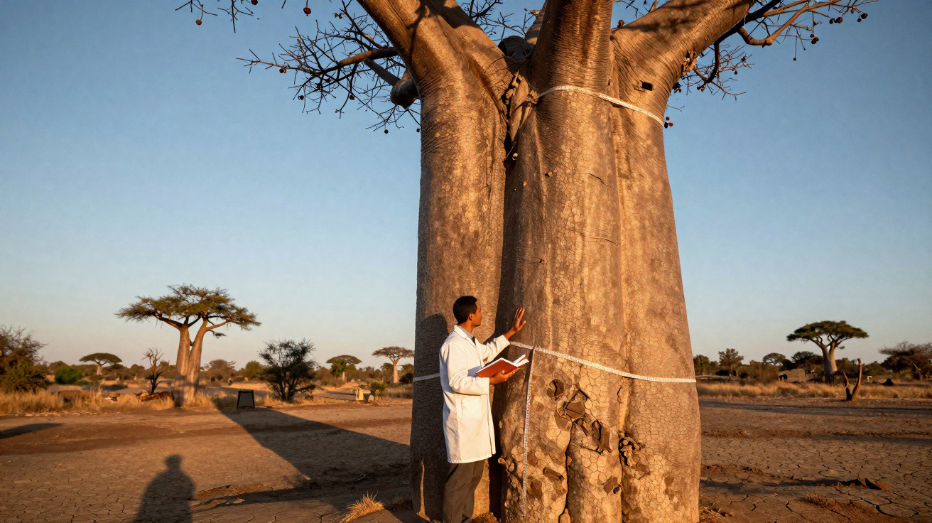 Scientist in white coat examining and measuring a large baobab tree in a dry savanna landscape at sunset.