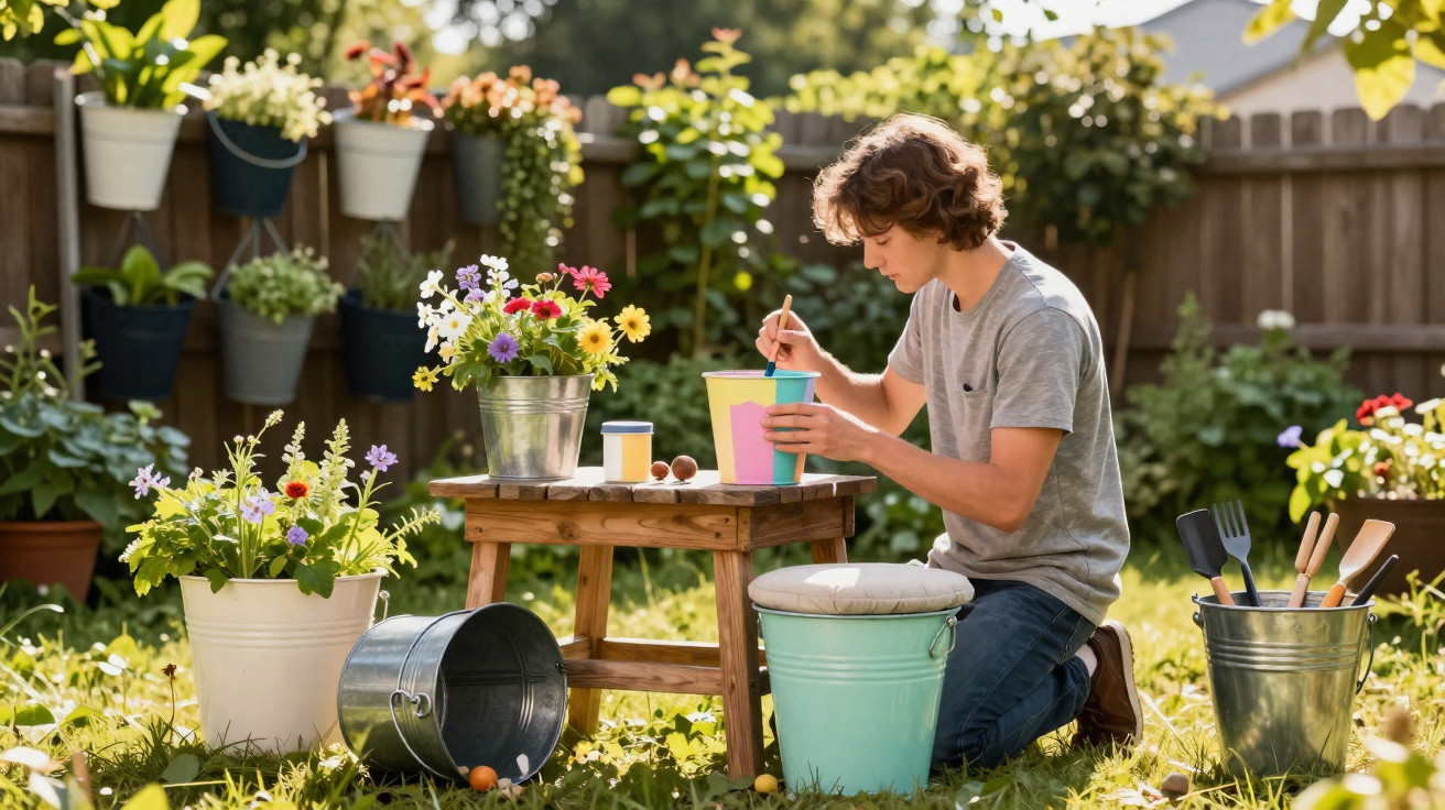 Boy kneeling in garden painting a flower pot at a small wooden table surrounded by plants and gardening tools.