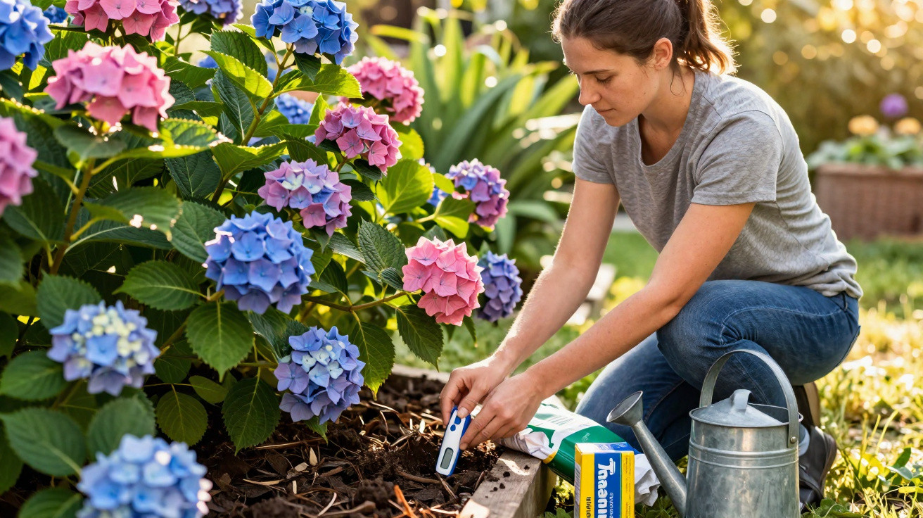 Woman testing soil moisture near colourful hydrangea plants in a garden bed on a sunny day