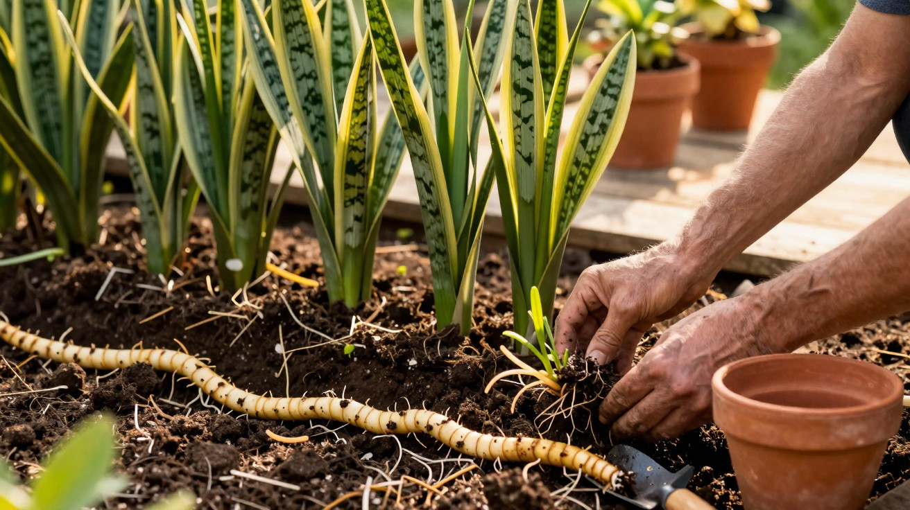 Hands planting a small plant in soil beside snake plants with a garden hose and pots nearby in sunlight.