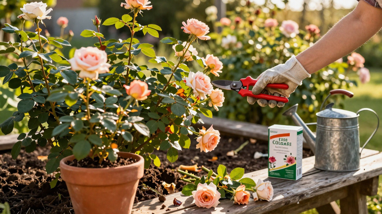 Person pruning peach roses in a garden with gardening tools and watering can on a wooden bench.
