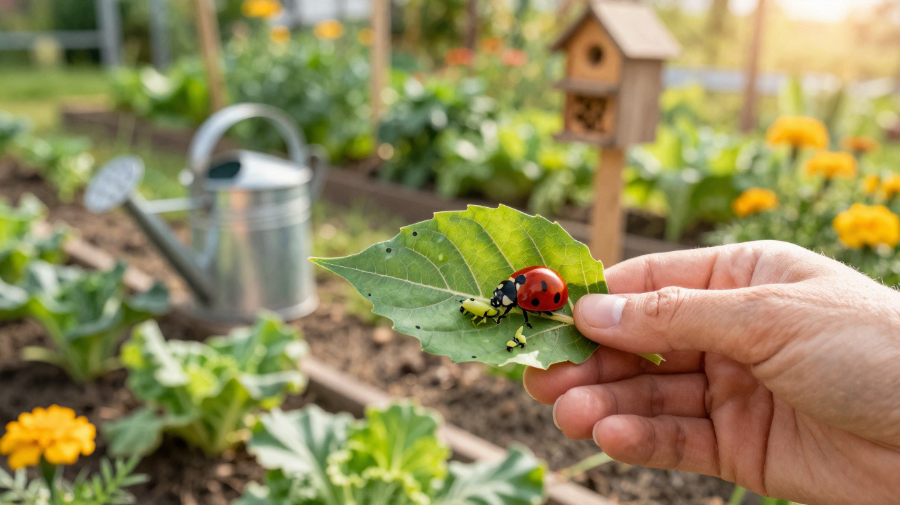 Hand holding a green leaf with a red ladybird in a garden with flowers and a watering can in the background.