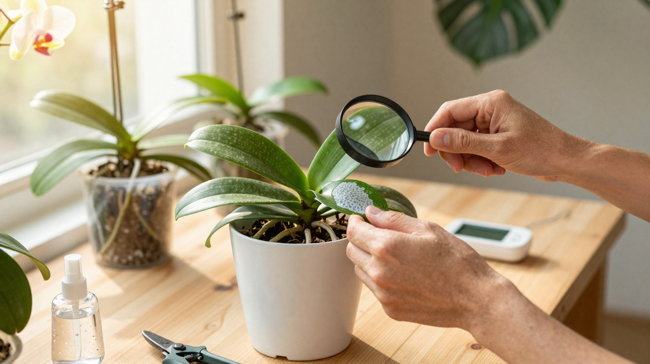 Hands inspecting orchid plant leaves with a magnifying glass on a wooden table near a window.