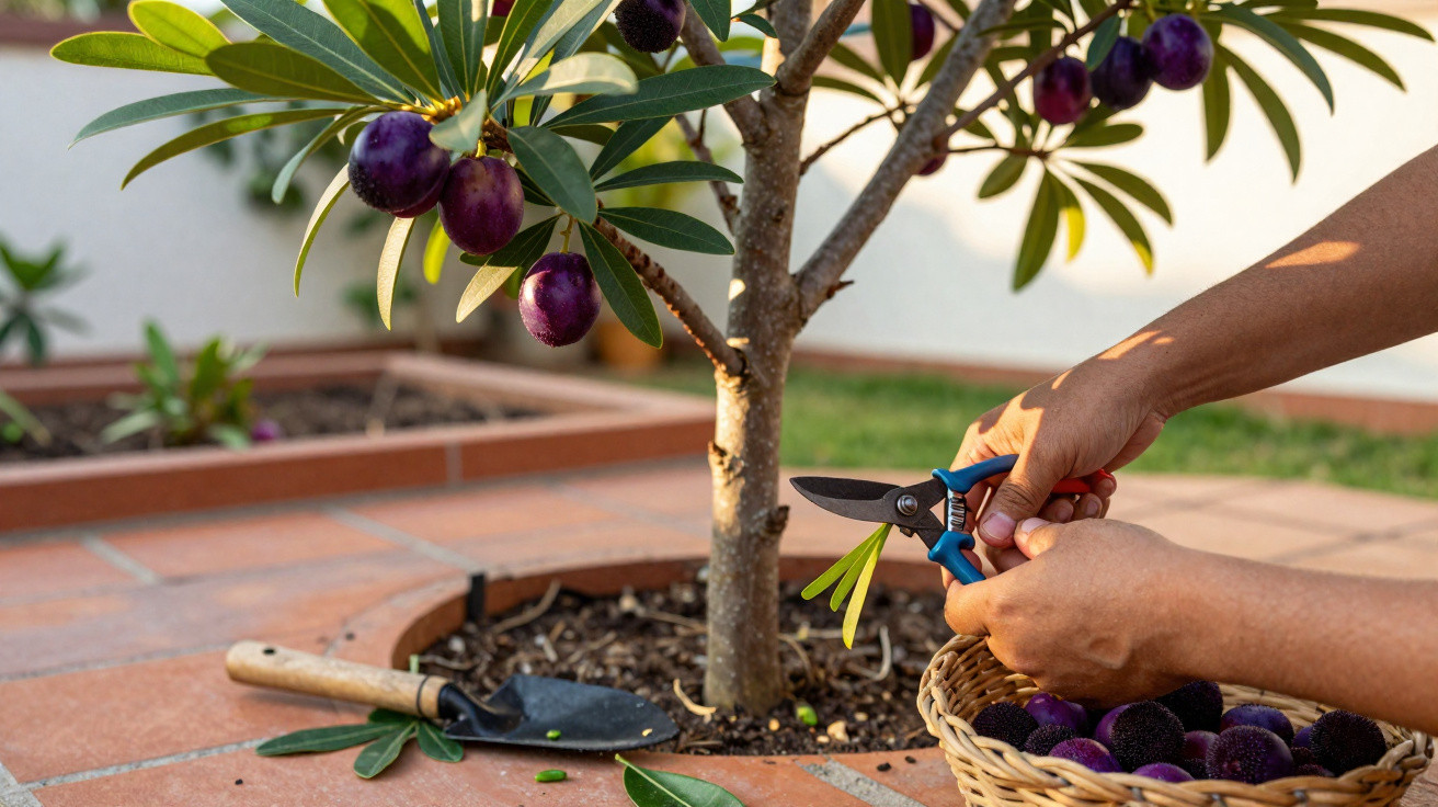 Hands pruning a small olive tree with ripe purple olives in a garden setting.