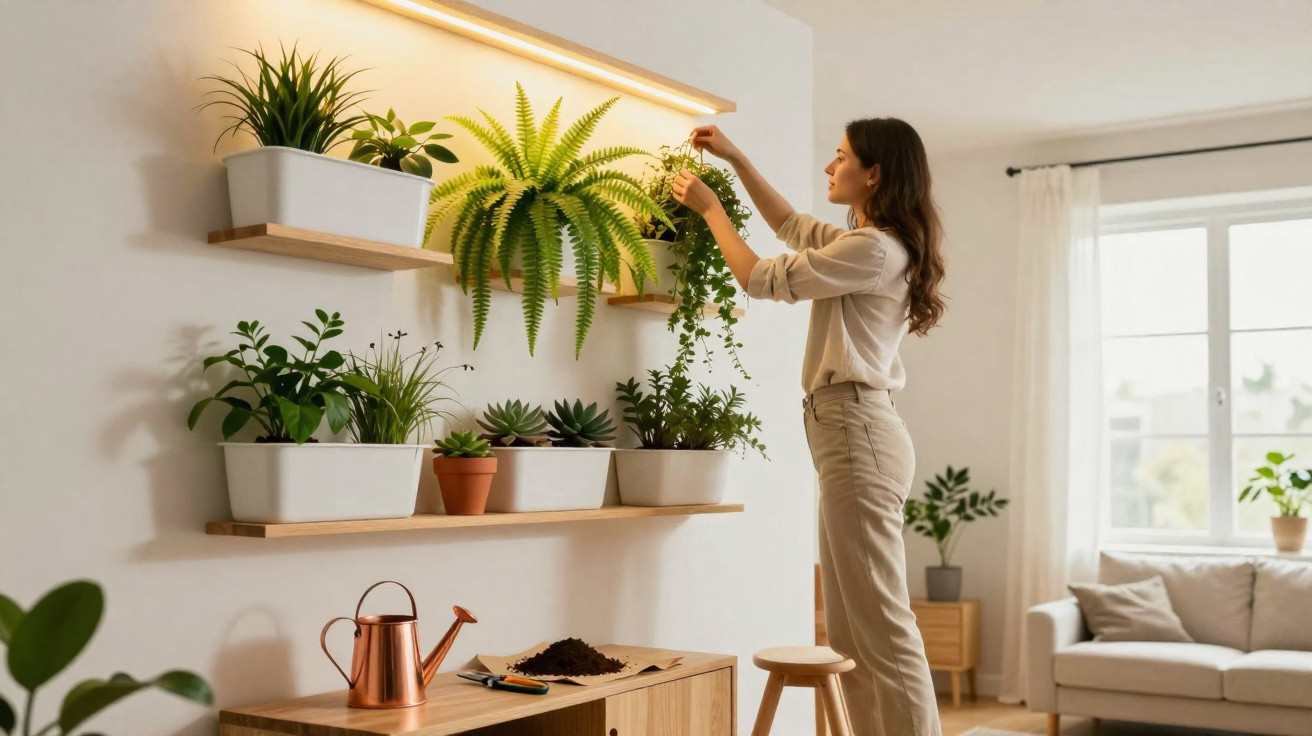 Woman tending trailing plants on wall-mounted shelves in a bright living room with natural light.